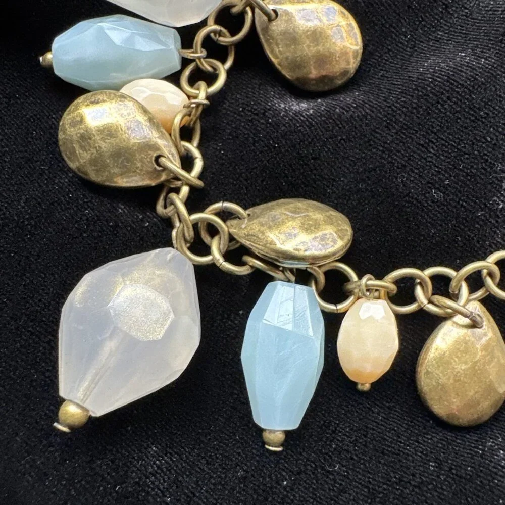 Premier Designs Beaded Charm Bracelet Blue Cream Dark Goldtone 8.5